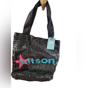 NEW KITSON LA LOS ANGELES BLUE PINK PATENT CANVAS LINED TOTE BAG